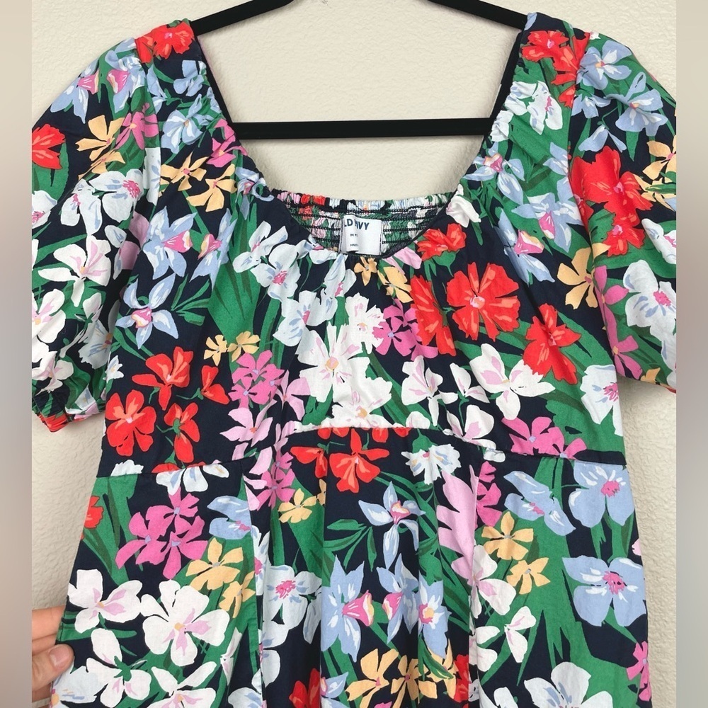Old Navy Women's Medium Petite Puff Sleeve Midi Swing Dress Floral Multi Bright - Picture 6 of 16
